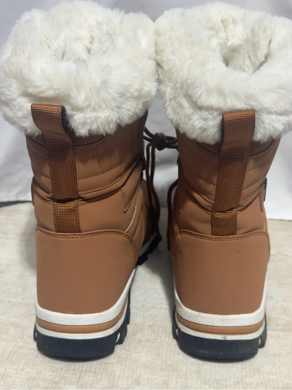 Hobibear Waterproof Winter Snow Boots Faux Fur Trim Lace Up Tan Brown
